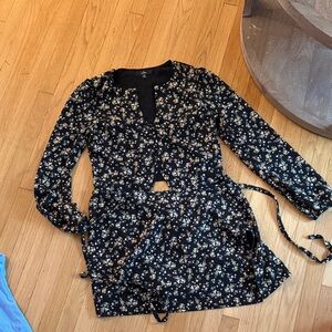 Lulu's Black Floral Mini Skirt Shirt Set